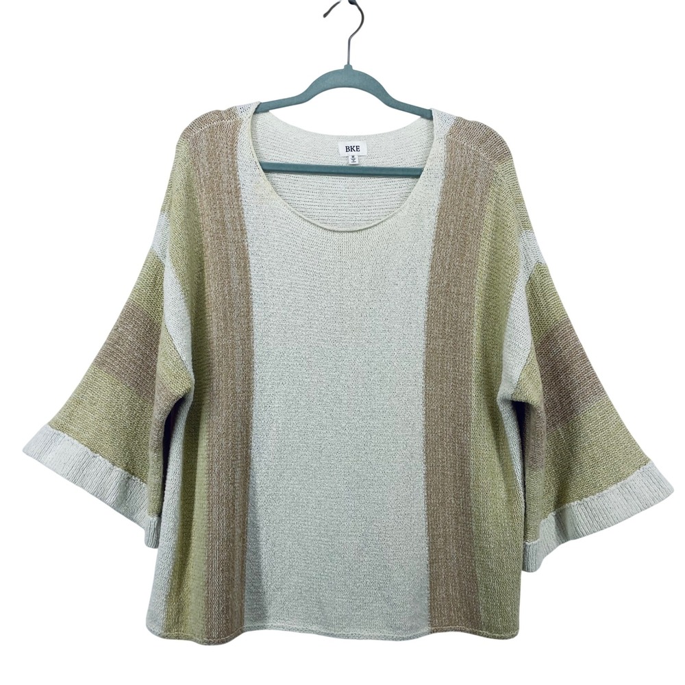 BKE Womens Medium‎ Sweater Cream Tan Striped Bell Sleeve Oversized Knit Top
